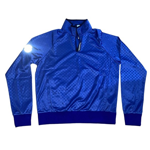 TAKEON Dex Pullover Sweater Indigo Blue Purple Size Medium Mens Checkerboard Zip - Picture 1 of 10